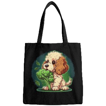 Discover Cute dog eats green broccoli vegetables Bags