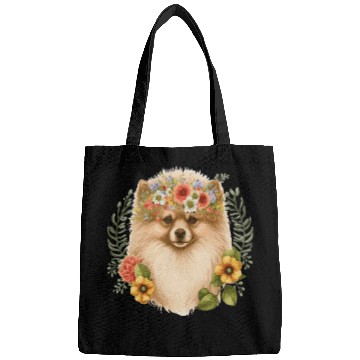 Discover Cute Pomeranian Pom Flower Crown Pet Dog Breed Flo Bags