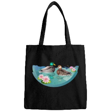 Discover Duck couple in a duck pond with water lilies Bags