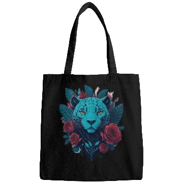 Discover cute jaguar with red flowers Bags
