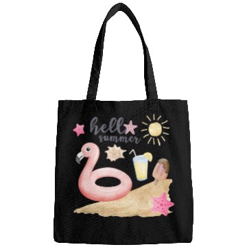 Discover Hello summer sunset Beach summertime pink flamingo Bags