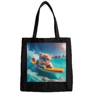 Discover A cute cat surfing in the blue water Bags