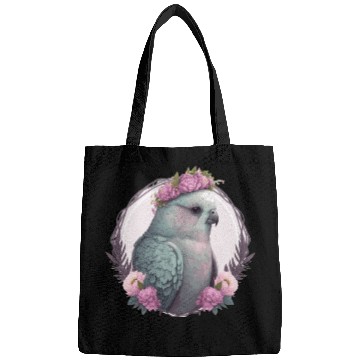 Discover Watercolor Gray Budgie Parakeet Bird Flower Crown Bags