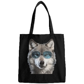 Discover Grey Wolf Wearing Blue Sunglasses Wildlife Animal Bags