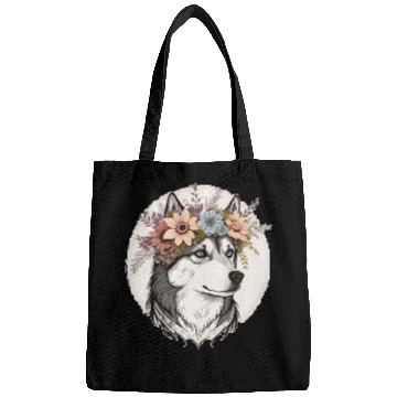 Discover Cute Siberian Husky Flower Crown Pet Dog Breed Flo Bags