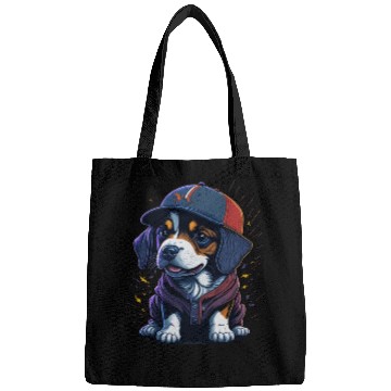Discover Cute Border Collie Puppy Wearing Baseball Hat Bags