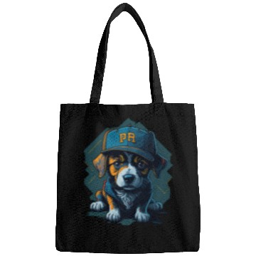 Discover Cute Border Collie Puppy Wearing Baseball Hat Bags