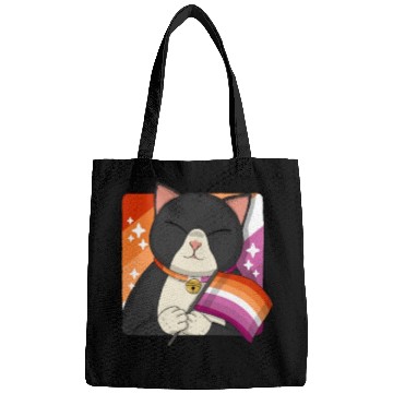 Discover Cute Tuxedo Cat Holding Lesbian Pride Flag Bags