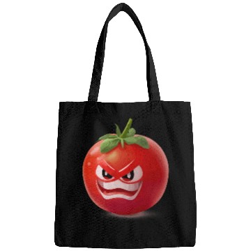 Discover A realistic tomato with angry face cartoon style Bags