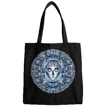 Discover Aztec robot face and mechanical mandala Bags