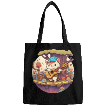 Discover Cute Kawaii Cat Playing Guitar Banjo On Log Bags
