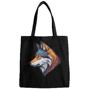 Discover Wolf head in vibrant colors illustration Bags