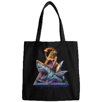 Discover Diver girl retro and angry shark #2 Bags