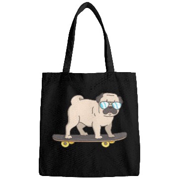 Discover Cartoon Pug With Glasses On A Skateboard Bags