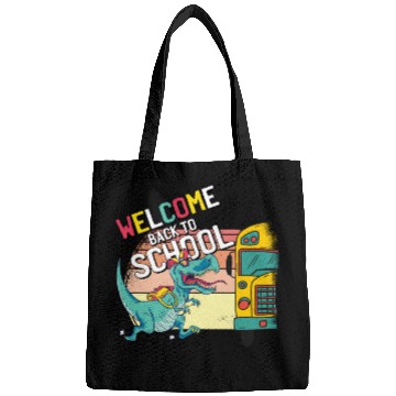 Discover Funny T-Rex Running to School Bus Welcome Back to Bags