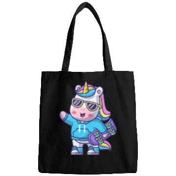 Discover cute cool unicorn holding skateboard cartoon Bags