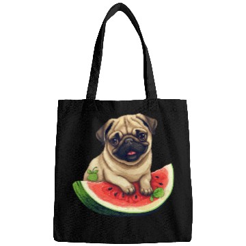 Discover Pug with Melon, Funny Summer Design for Dog Lovers Bags