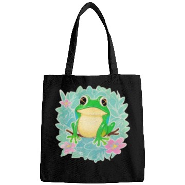 Discover Cute Little Tree Frog on a Floral background Bags