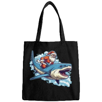 Discover Santa Claus riding a shark Bags