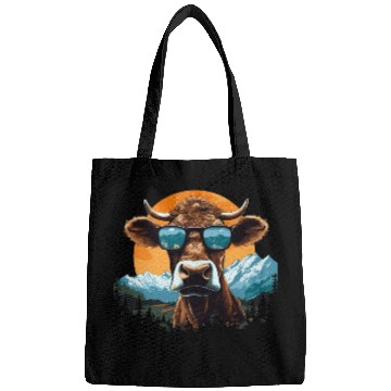 Discover A cow with sunglasses in the mountains Bags
