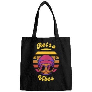 Discover Black Coloful Sunset Cat Retro Vibes T-shit. Bags