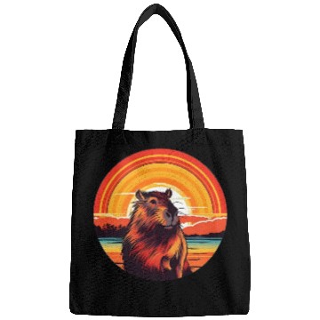 Discover Sunset Serenity: Rustic Capybara Stripe Illustrate Bags