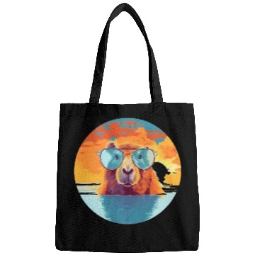 Discover Sunset Serenity: Rustic Capybara Stripe Illustrate Bags