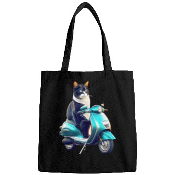 Discover 3D cute funny black cat rides a blue motorcycle Bags