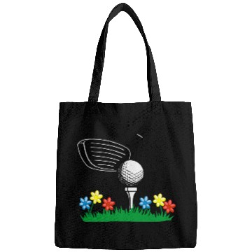 Discover Golf stick and ball on grass field with flowers Bags