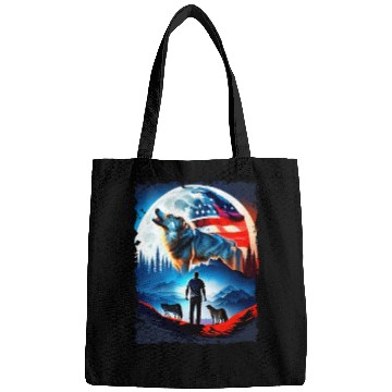 Discover America wolf under Moon with American Flag Bags