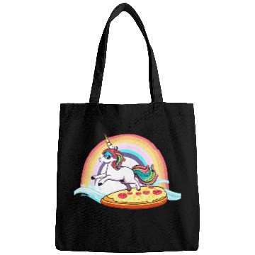 Discover Unicorn surfs for pizza with rainbow Bags