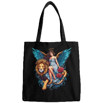 Discover Pretty angel on lion with flowers Bags