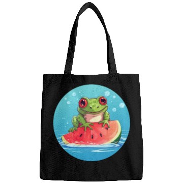Discover Frog on watermelon in the sea Bags
