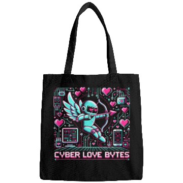 Discover Cyber Love Bytes 8bit Cupid Robot and Neon Hearts Bags