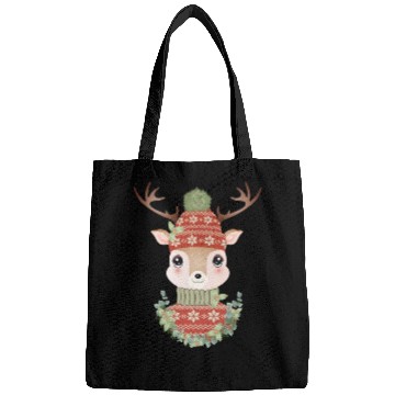 Discover cute deer with sweater and Christmas wreath Bags