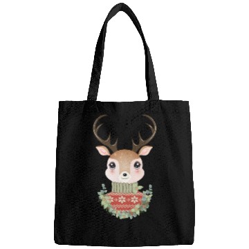 Discover cute deer with sweater and Christmas wreath Bags