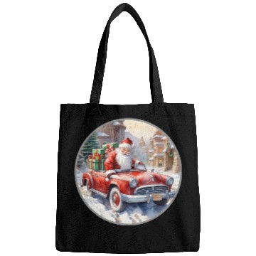 Discover Santa Claus rides in a convertible car Bags