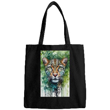 Discover Leopard ink painting with green background Bags