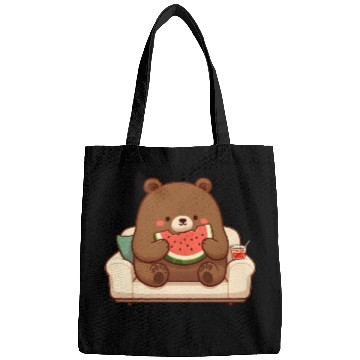 Discover Cosy bear enjoying watermelon Bags