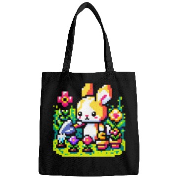 Discover 8-Bit Bunny Gardener: Retro Digital Garden Scene Bags