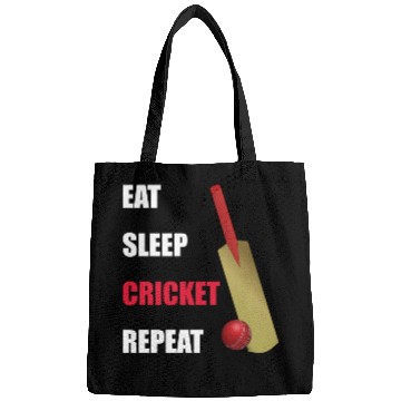 Discover Eat Sleep Cricket Repeat Red and White Text Bags