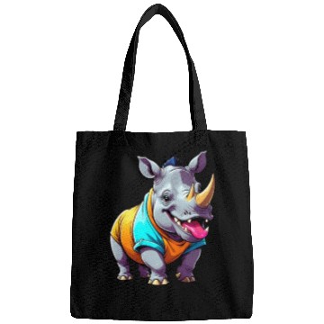 Discover A Cartoonish Rhinoceros in a Playful Pose Bags