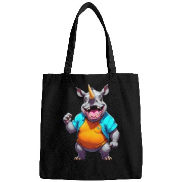 Discover A Cartoonish Rhinoceros in a Playful Pose Bags