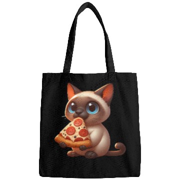 Discover Siamese cat enjoying pizza Bags
