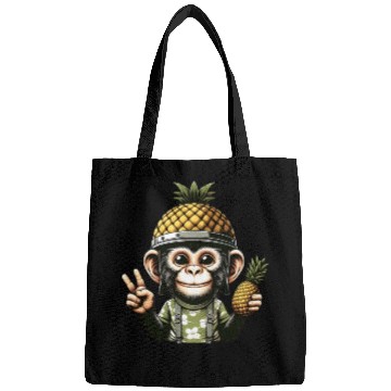 Discover Friendly monkey in pineapple helmet Bags