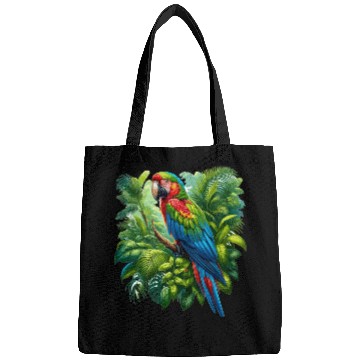 Discover Colorful parrot in the rainforest Bags