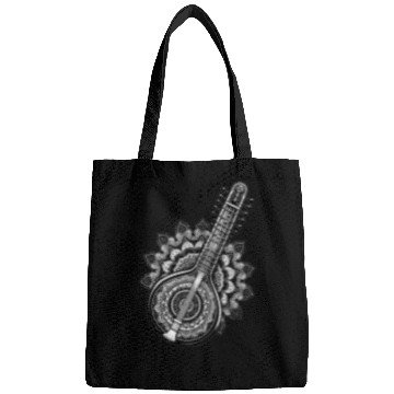 Discover Sitar with complex Indian mandala pattern Bags
