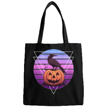 Discover Raven Crow On Pumpkin Vaporwave Halloween Pagan Ae Bags