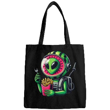 Discover Alien with watermelon helmet eats fries Bags