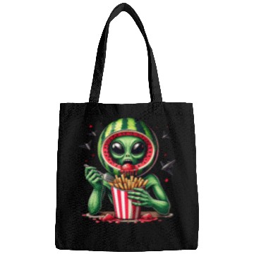 Discover Alien with watermelon helmet eats fries Bags